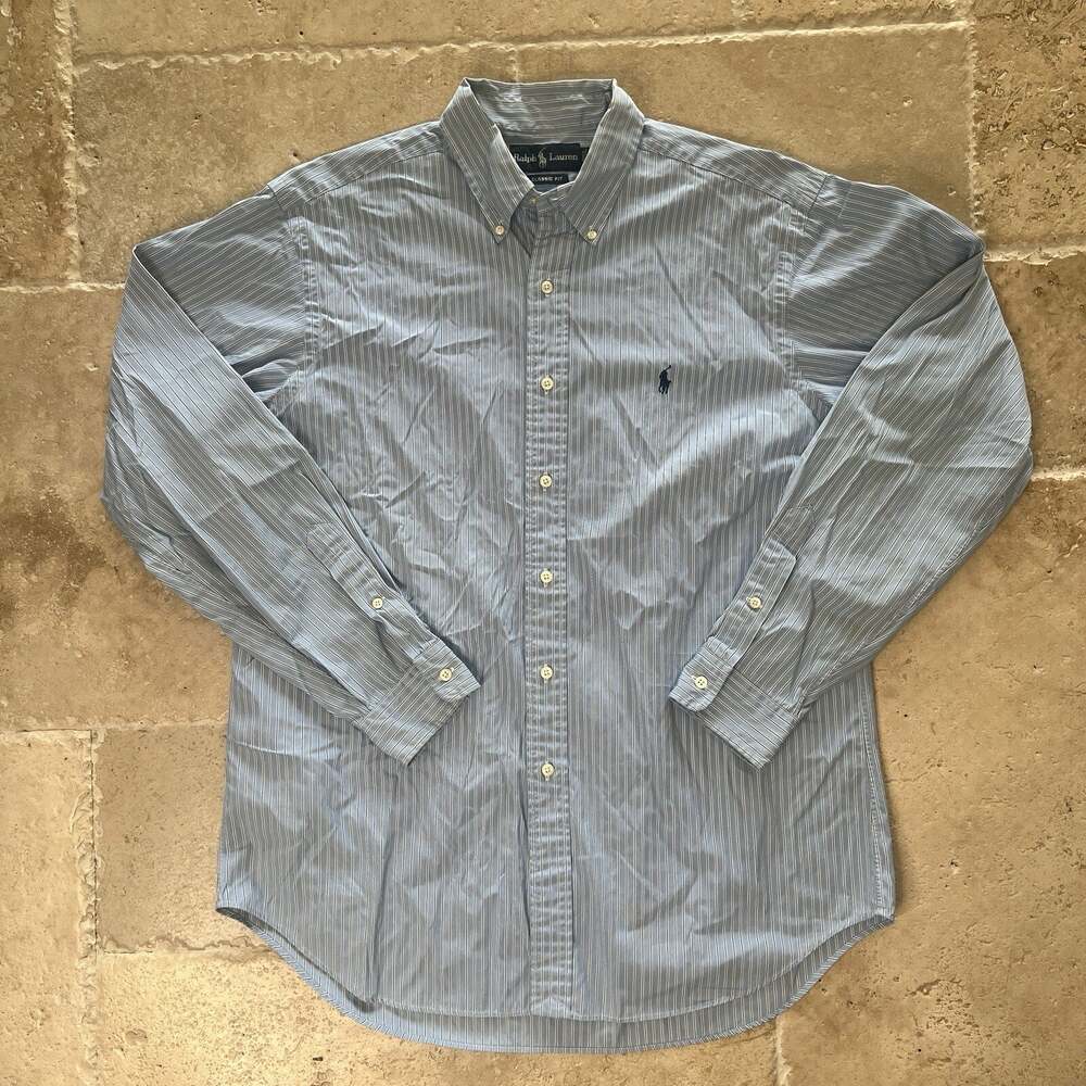 Vintage Ralph Lauren Classic Fit Shirt Mens Large Blue White Black Striped